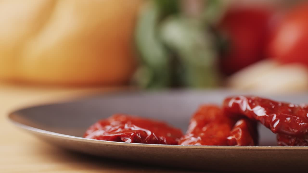 Dried tomatoes close up, Italian restaurant with traditional food, Spanish cuisine, delicious tapas and white wine, bruschetta with cheese, olives dry tomatoes and tasty sandwich bar appetizer, buffet