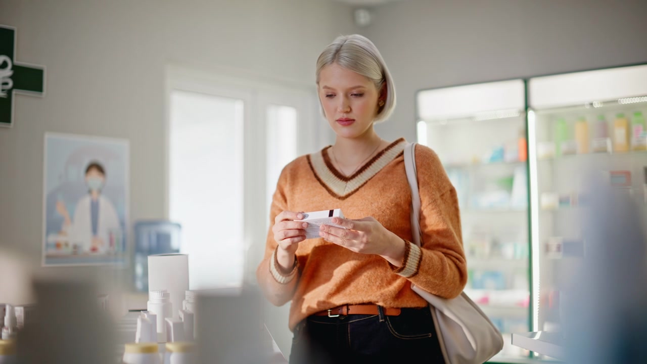 Cliente in farmacia che esplora gli espositori e seleziona pillole, da sola, in primo piano. Acquirente bionda.