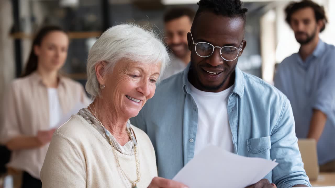 A warm interaction between a young man and an older woman as they share insights and laughter while reviewing important documents, capturing the essence of collaboration and generational connection in a professional setting