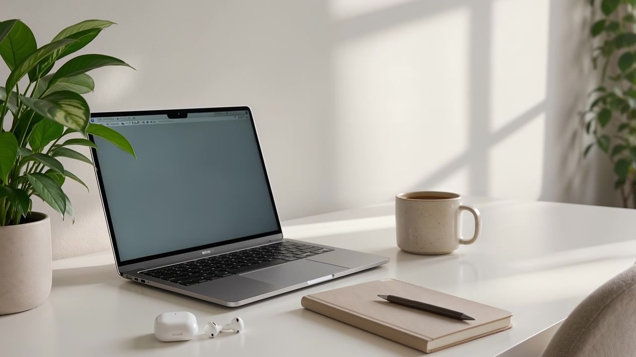 Minimalistisk arbejdsplads på hjemmekontoret med bærbar computer, kaffekrus og plante på et rent hvidt skrivebord