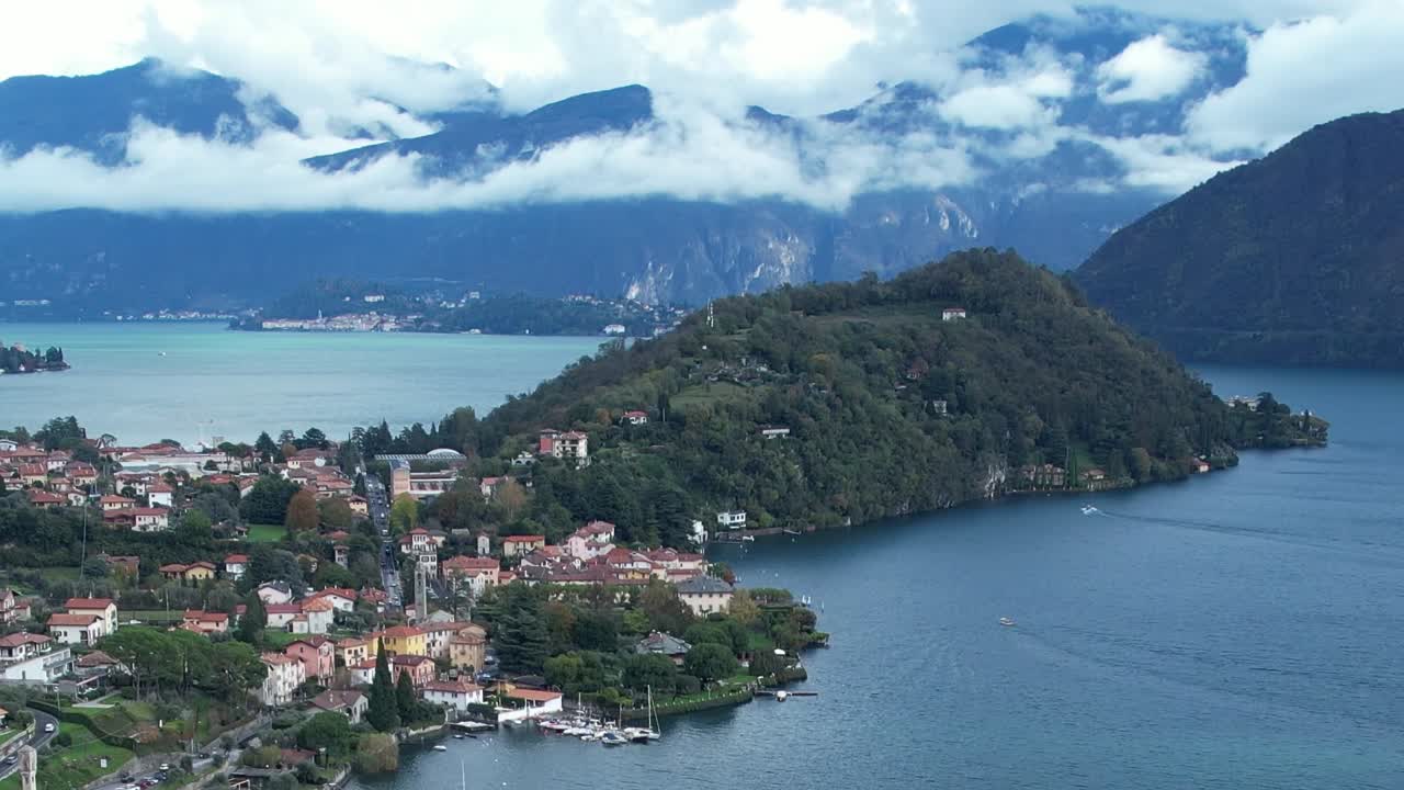 Stunning aerial view of the Italian Alps and picturesque lakeside village