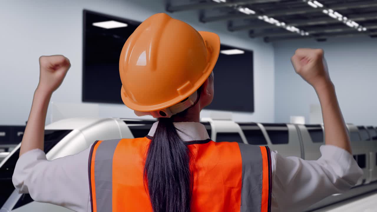 Primo piano da dietro di un'ingegnera con casco di sicurezza che alza le mani festante mentre lavora; treno futuristico ad alta velocità in un moderno stabilimento di collaudo