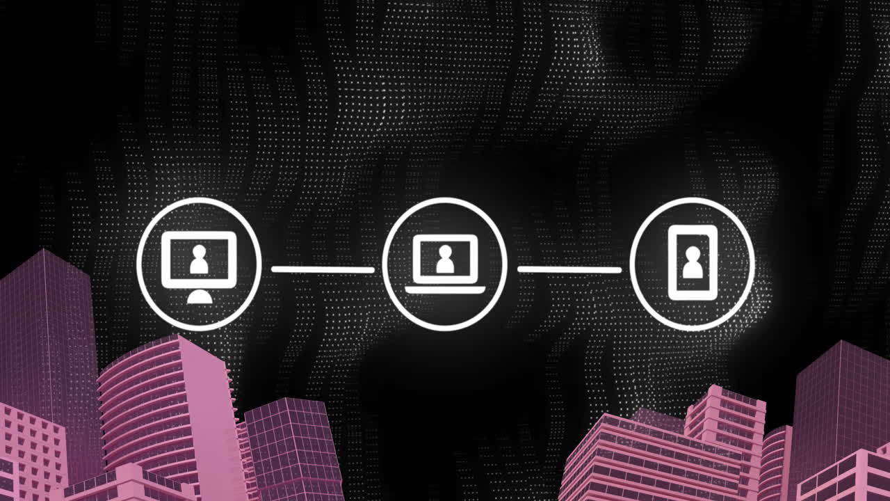 Animation of network of connections and icons cityscape
