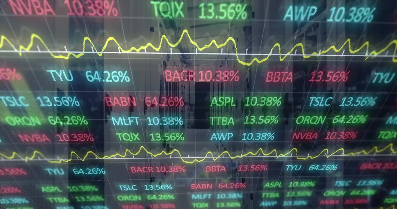 Con simboli ticker 3D che scorrono su un corridoio di server, tracciando una linea di tendenza gialla