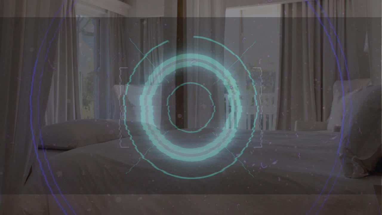 Concentric teal HUD appearing, pulsing once then sweeping scan lines across bed, scanning bedroom