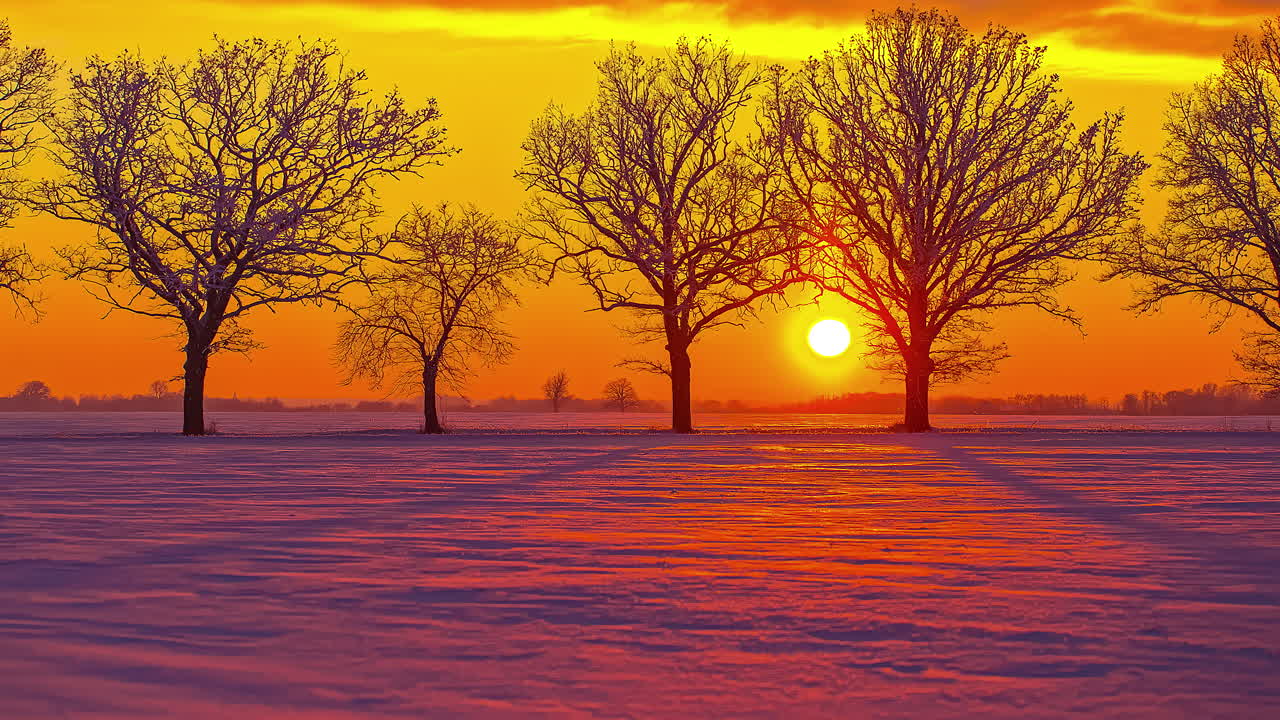 일부 나무와 함께 눈  ⁇ 인 풍경에 내려오는 태양