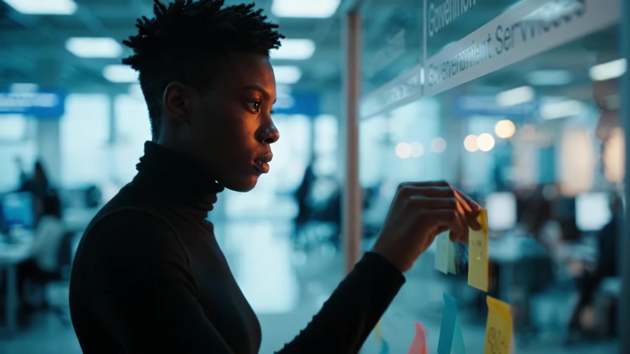Focused Professional Analyzing Sticky Notes in Creative Workspace, Deep in Thought, Showcasing Innovation and Collaboration in Modern Office Environment