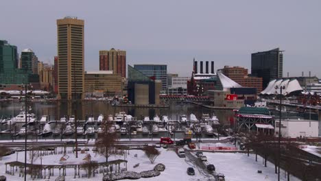 the cityscape and harbor of baltimore in winter