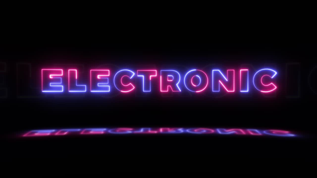Neon glowing word 'ELECTRONIC' on a black background with reflections on a floor. Neon glow signs in seamless loop motion graphic