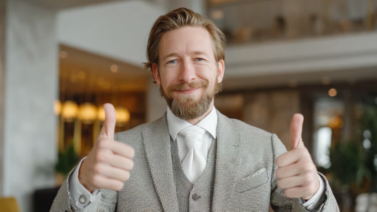 A Confident Man in a Stylish Suit Gives a Double Thumbs Up, Signifying Positivity and Achievement in an Elegant Indoor Setting