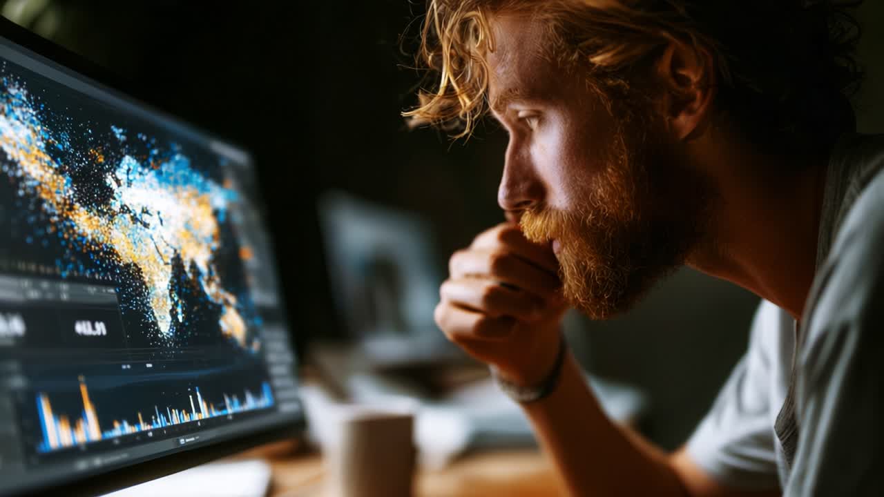 A Thoughtful Individual Analyzing Detailed Data Visualizations on a Computer Screen, Engaged in Reflective Analysis and Strategic Decision-Making in a Modern Workspace