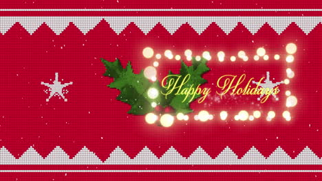 animation of snow falling over happy holidays text with fairy lights and christmas decorations