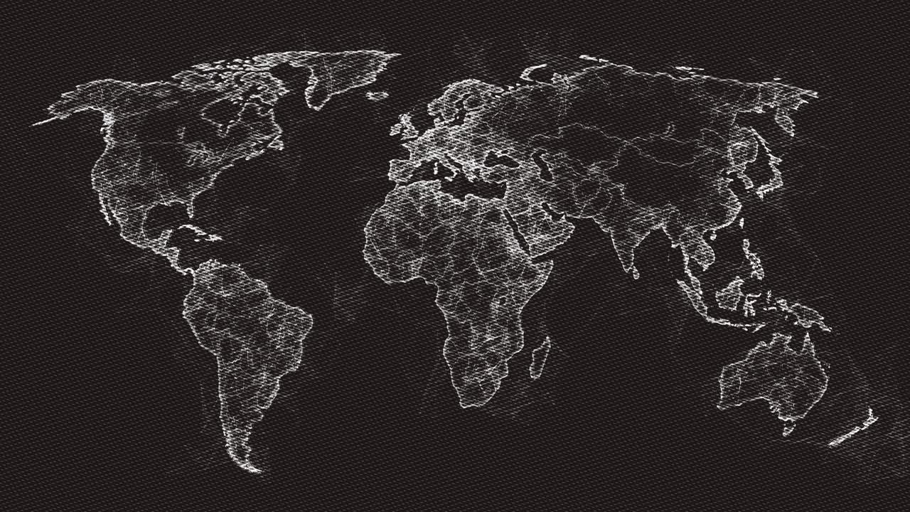 Stylized world map with a white, hatched, sketch-like plexus network effect on a black background. For global business, technology, or data concepts