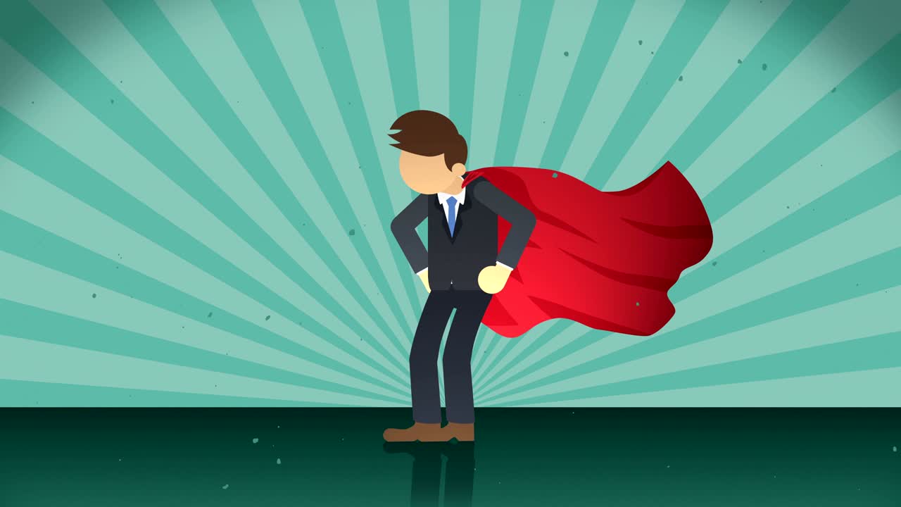 선버스트 배경에 서 있는 슈퍼히어로,   배경, 비즈니스 콘셉트, 코 루프 애니메이션