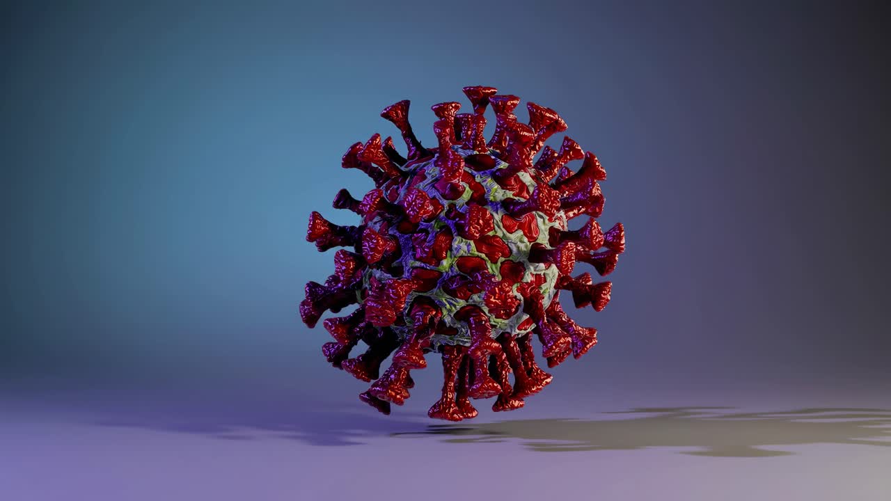 3D rendering of a virus model in a video, with a low-angle view