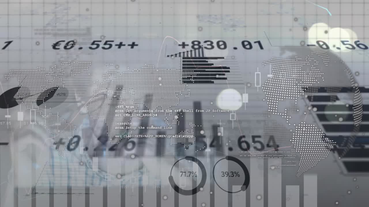 Animasjon av statistisk databehandling over en spinnende globus, med en sliten mann i forgrunnen