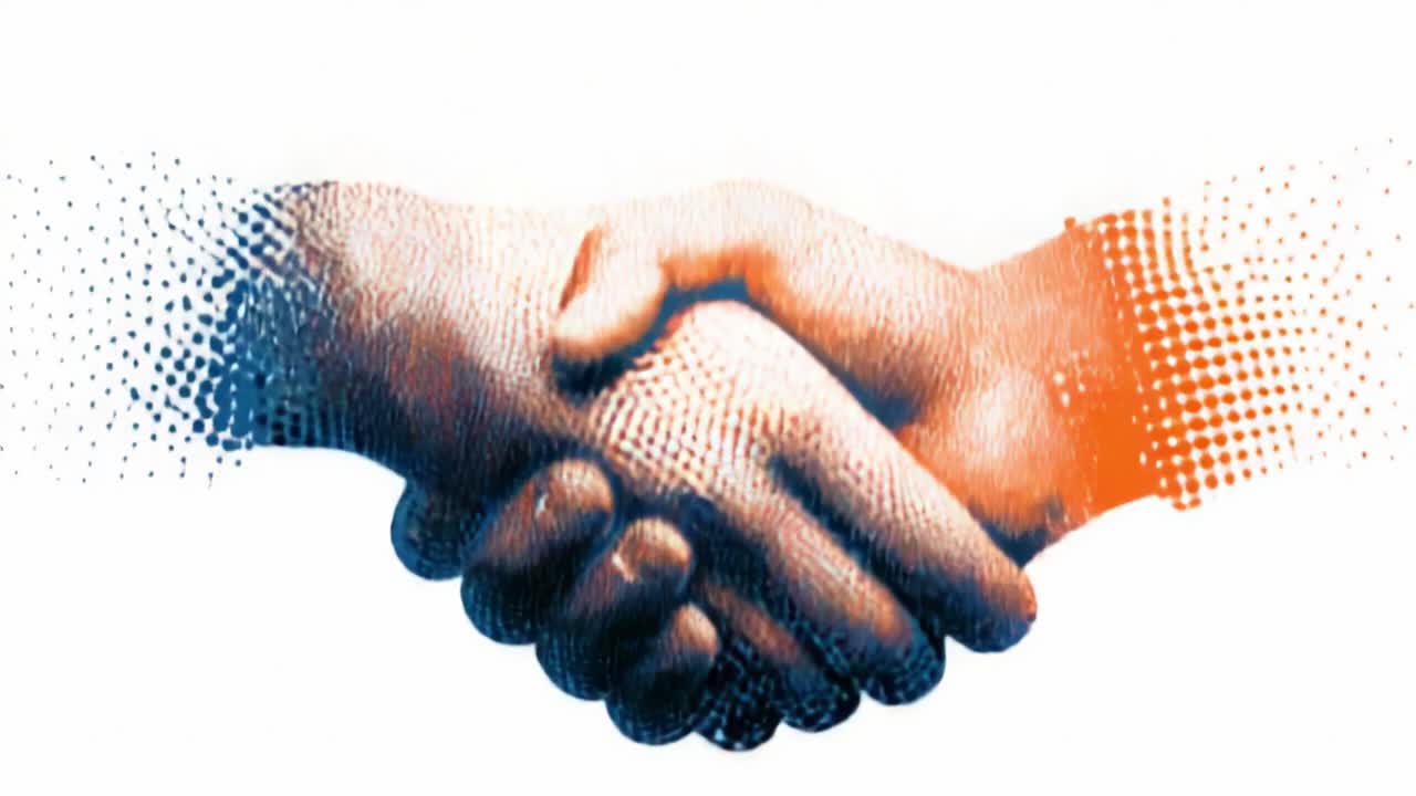 A Symbol of Unity and Cooperation: Two Hands Shaking Firmly in a Colorful Dot Pattern, Representing Trust, Partnership, and Mutual Understanding in a Vibrant and Engaging Artistic Style