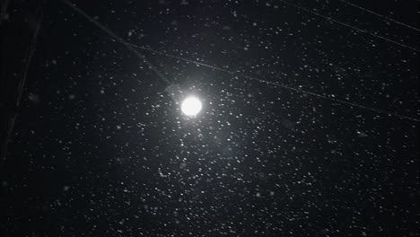 winter snowfall at night snowing on city street in street light