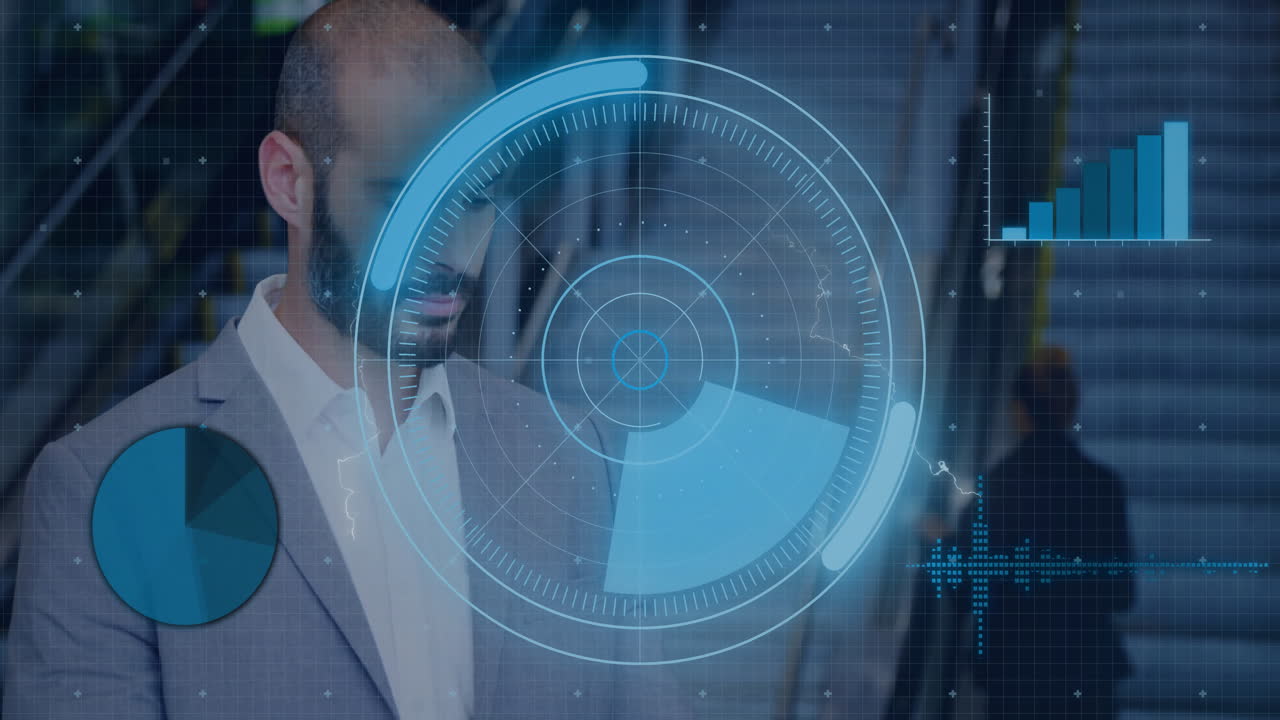 Business executive analyzing holographic HUD on stairs, with floating pie and bar charts, waveform
