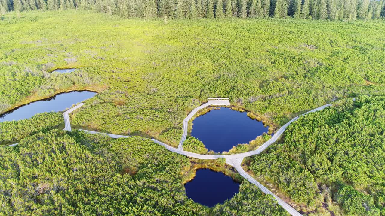 Aerial Over Lovrenska Lakes Surrounded by Lush Green Moorland