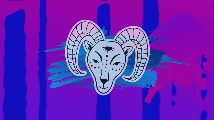 Animazione del simbolo del Capricorno su macchie viola e blu.