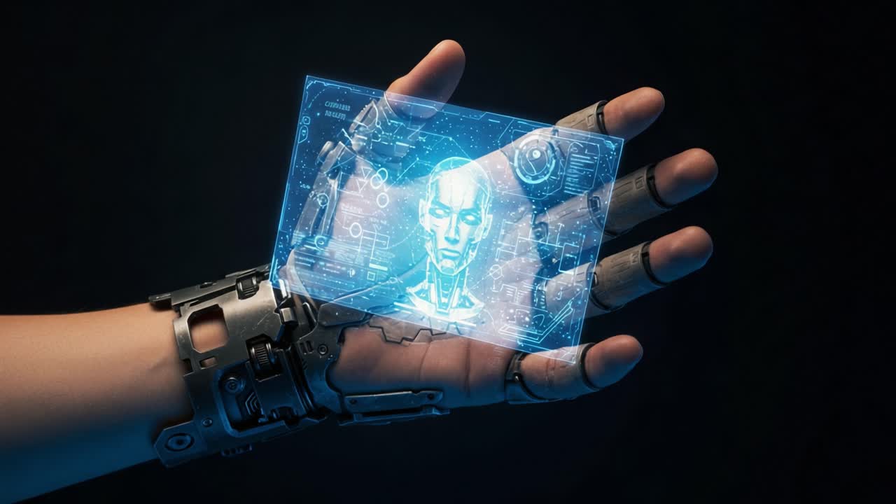 Futuristic Cybernetic Hand Displays Holographic Interface with AI Features, Merging Technology and Human-Like Intelligence in a Visually Stunning Scene