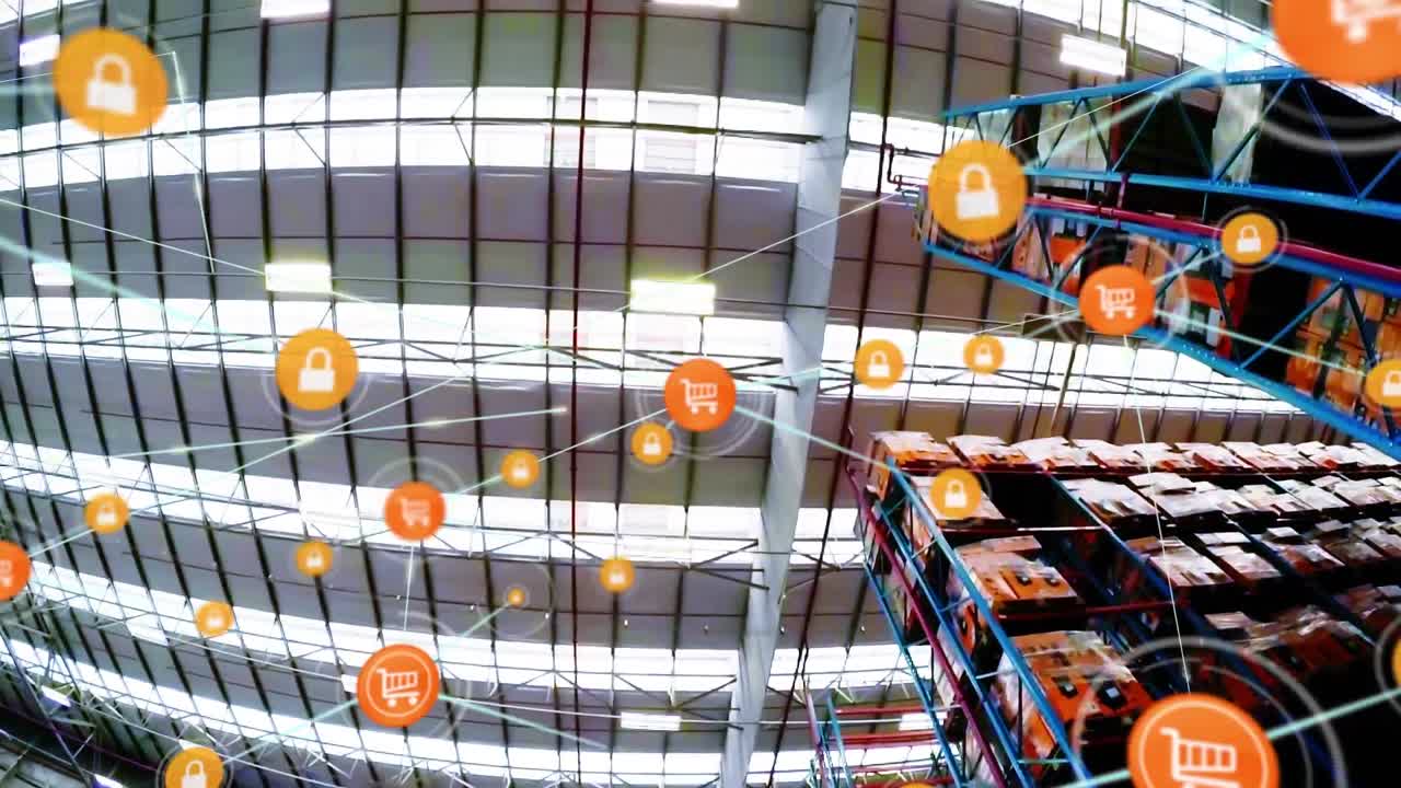 창고 위의 아이콘과 연결 네트워크의 애니메이션