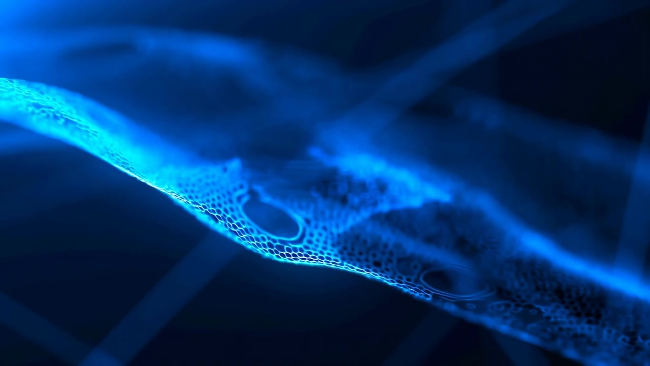 Close low-angle macro showing luminous blue mesh forming diagonal S-curve ridge from lower left toward upper right, foreground center-left reveals detailed