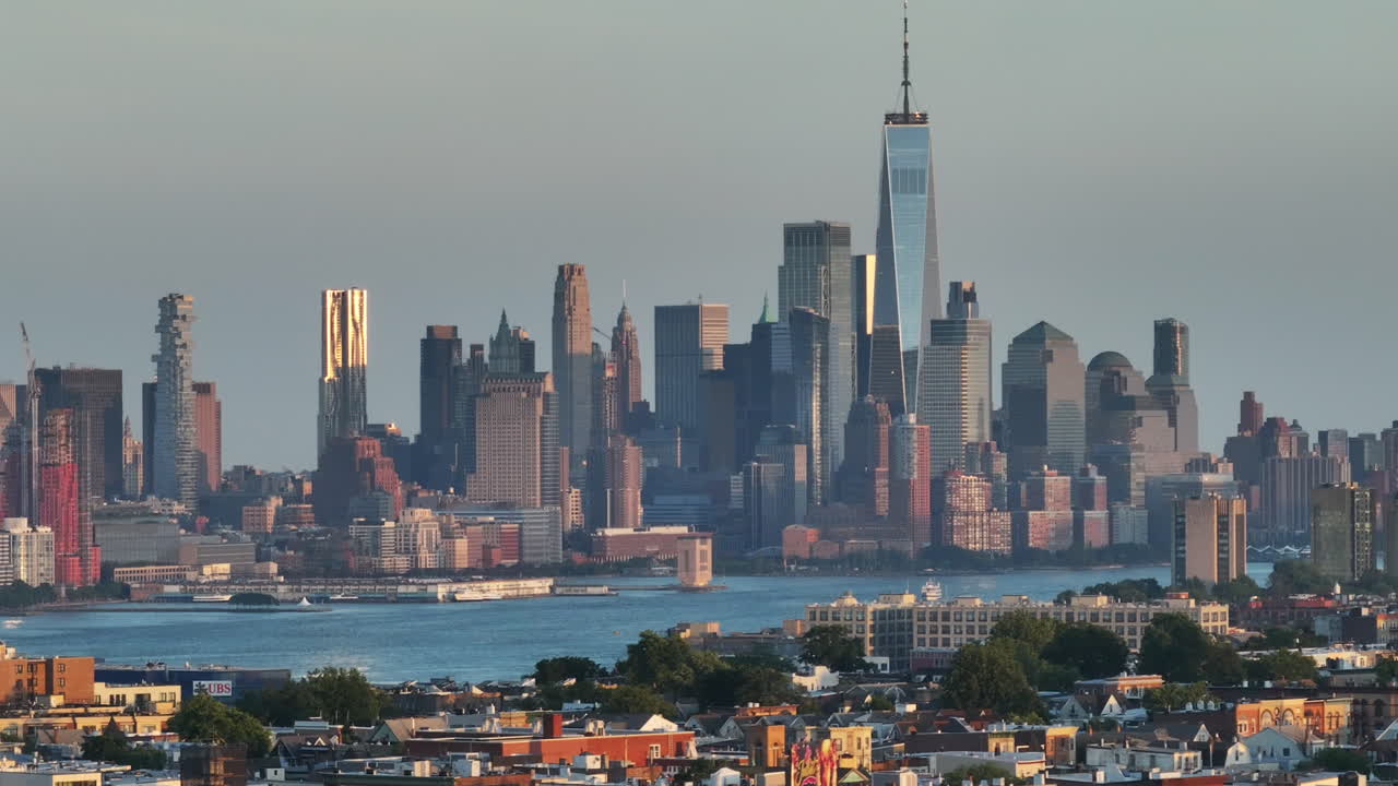 Aerial view of Hoboken, New Jersey with the World Trade Center in the background. Shot on a summer evening