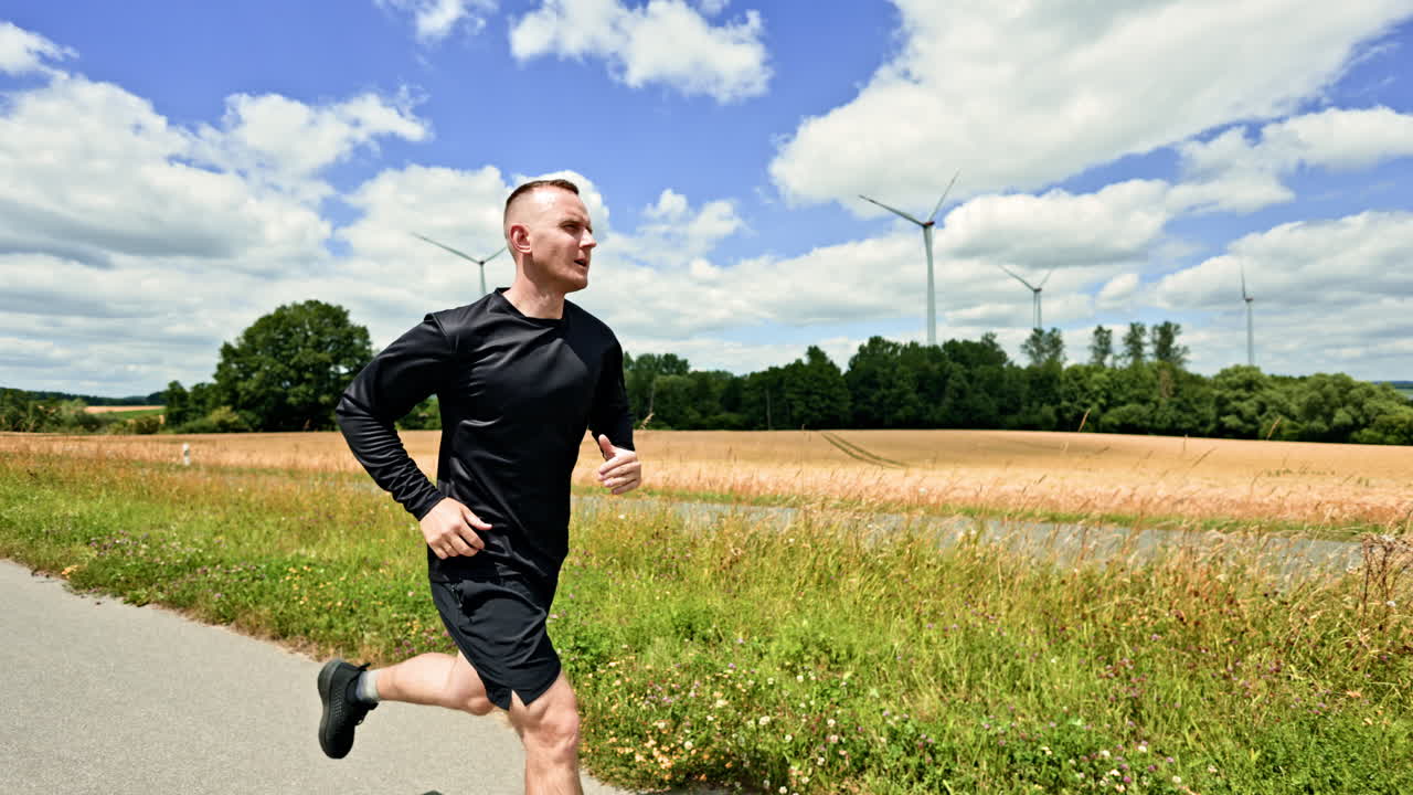 Uomo atletico, forte e in salute che corre all'aperto. Giovane uomo che fa jogging mattutino in una giornata di sole. Allenamento cardio all'aperto. Stile di vita sano. Uomo in pantaloncini neri e maglietta.