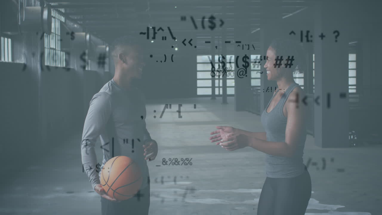 공을 가지고 놀고 있는 남자와 여자 위에  ⁇ 박이는 기술 아이콘의 애니메이션