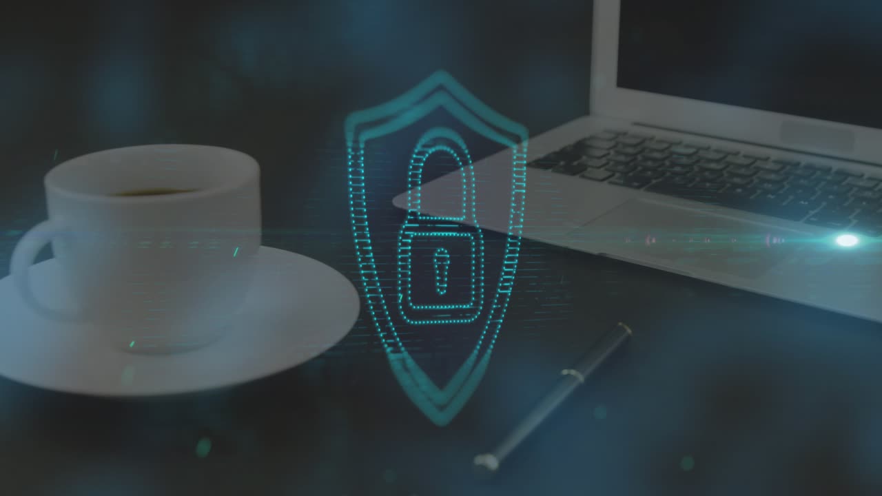 Animation of padlock icon and light trails over laptop and coffee