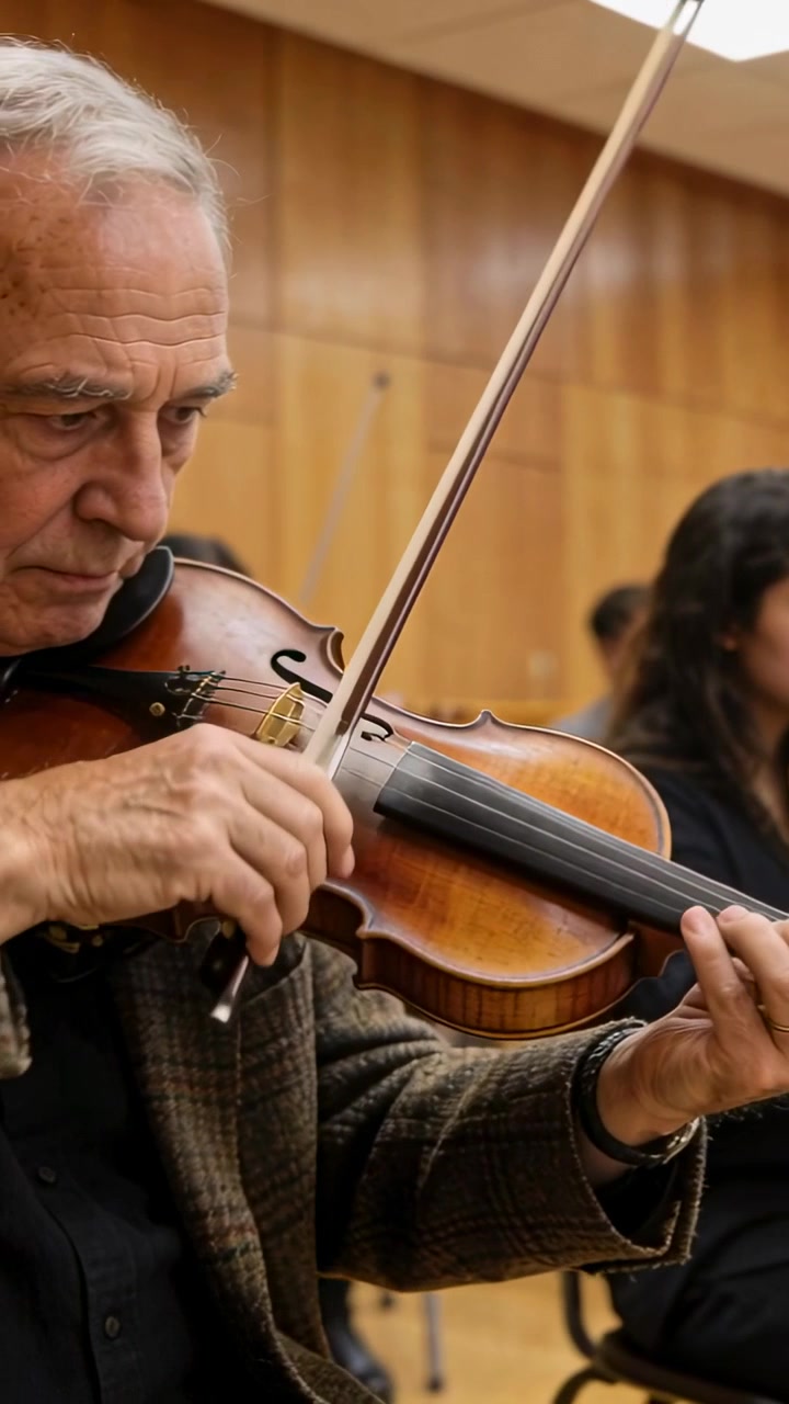 Vertical video: On cue, violinist bowing steady strokes in rehearsal room with violin, tweed jacket