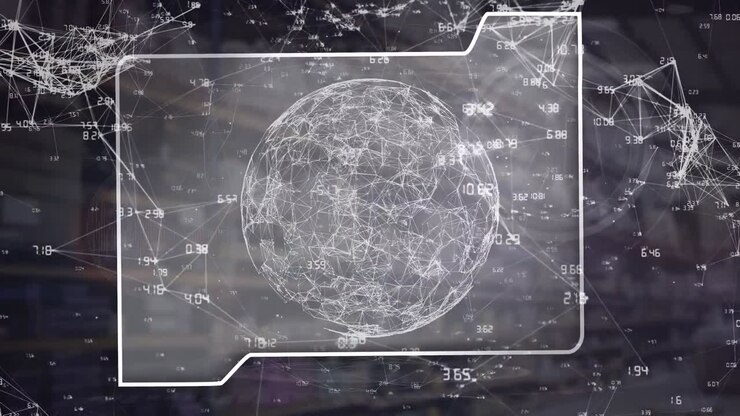 Animation of file icon with network of connections, globe and data processing over warehouse