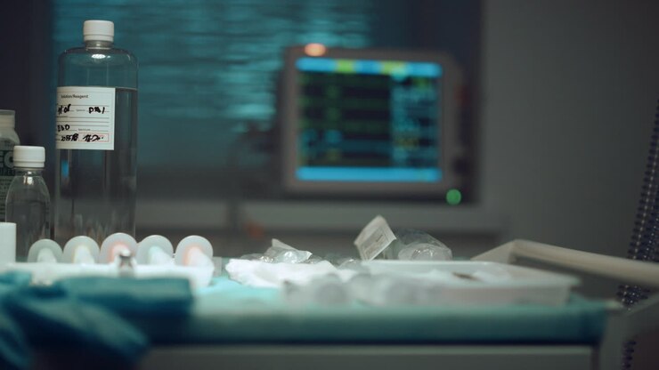 Closeup medical instruments table in ward. Hospital heart rate monitor screen.