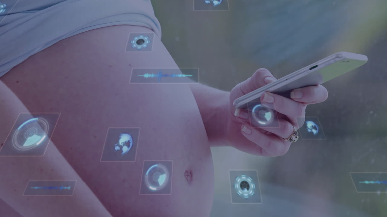 Using smartphone with futuristic technology icons, pregnant person exploring animation