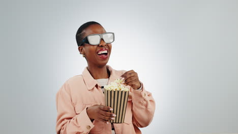 3D,-Brille-Und-Schwarze-Frau-Mit-Popcorn-Zum-Spaß