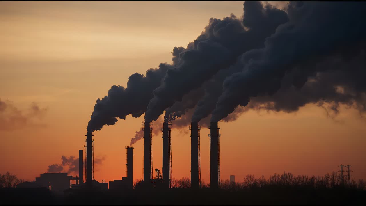 Driving wind pushing smoke from row of six tall smokestacks at sunset, forming broad dark cloud