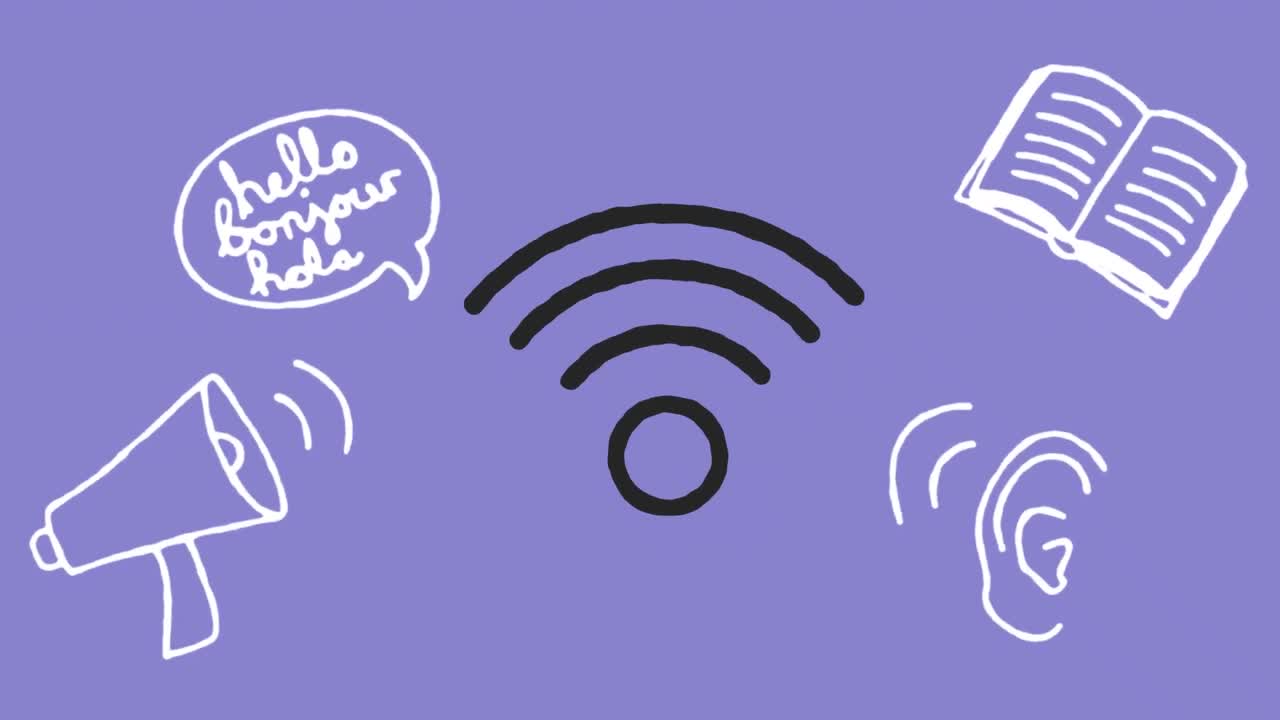 animación de iconos digitales flotando sobre un fondo púrpura