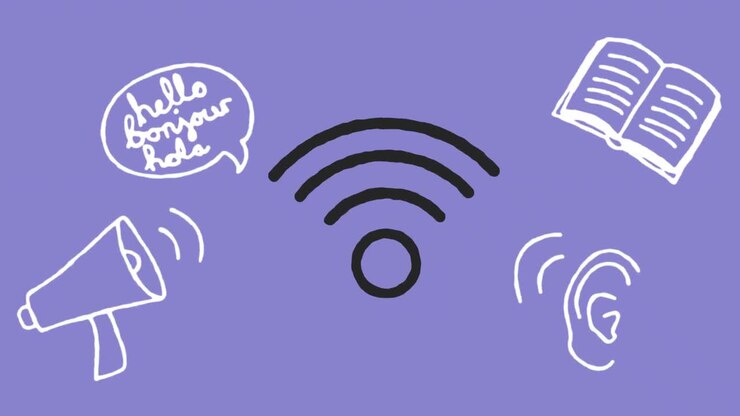 Animazione di icone digitali che fluttuano su uno sfondo viola