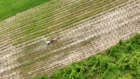 aerial orbit around a crawled tractor moving through val d’arda vineyards, spraying treatments between neatly aligned grapevines on a hillside, slow motion shot