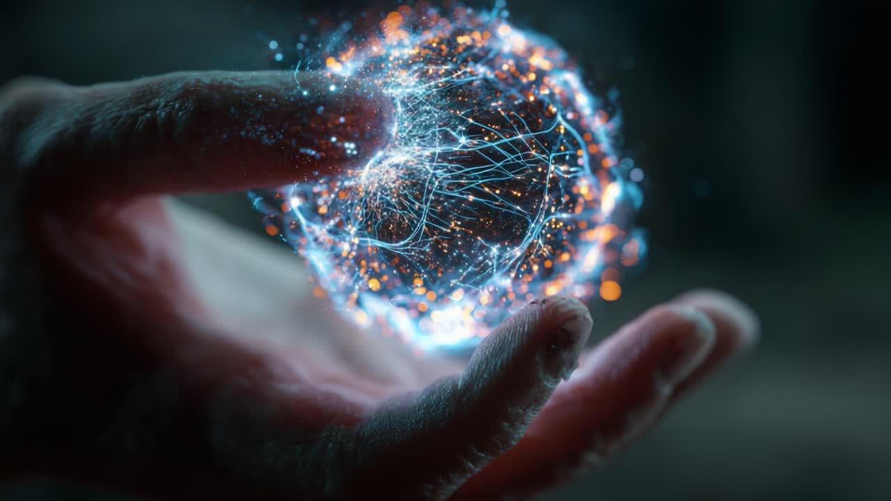 A Mysterious Hand Cradles a Glowing Energy Sphere, Illuminating the Darkness with Vibrant Colors and Pulsing Light in an Enigmatic Scene