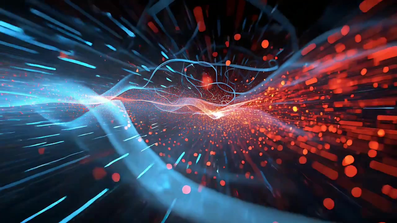 Flowing blue ribbon and red particle cloud intersecting, node glowing, emitting energy in dark void