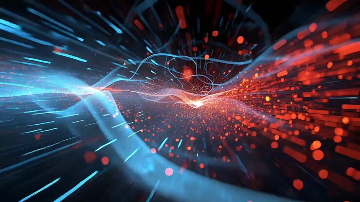 Flowing blue ribbon and red particle cloud intersecting, node glowing, emitting energy in dark void