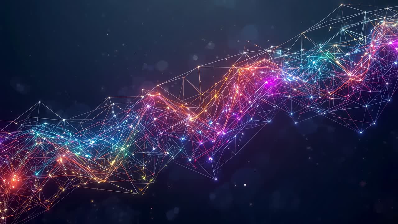 Starting multicolored wireframe mesh pulsing in deep gradient space, with floating particles