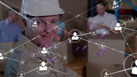 Animation-of-network-of-connections-with-icons-caucasian-warehouse-worker