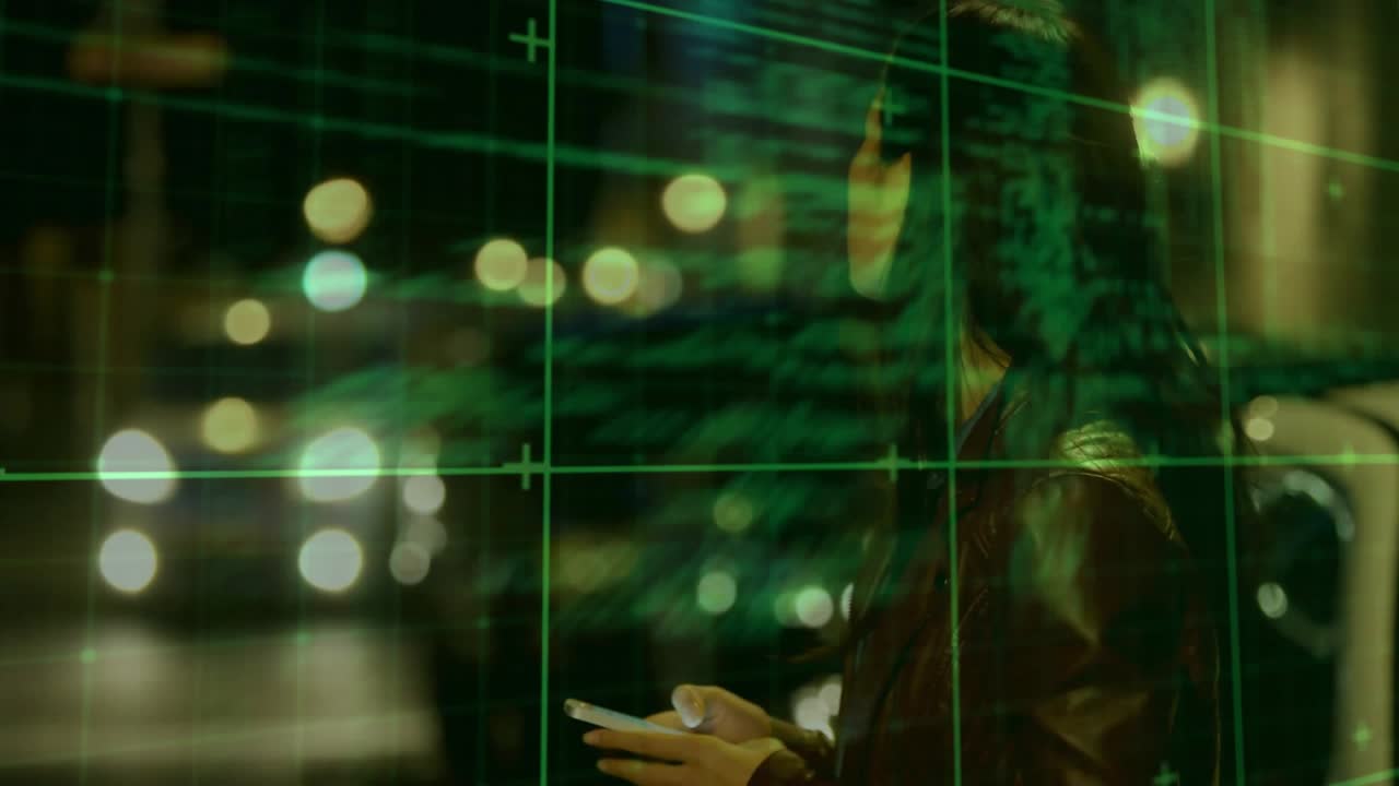 Code overlay shifting, revealing face as commuter woman holding phone at shelter, checking transit