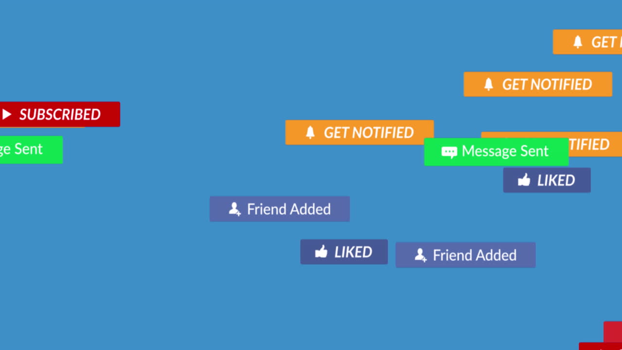 animación de iconos de redes sociales flotando contra un fondo azul con espacio de copia