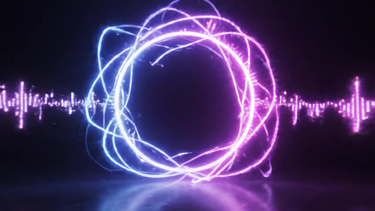 Dynamic Neon Waveforms: A Captivating Visualization of Sound and Light in Abstract Circular Forms, Merging Genres of Digital Art and Audio Representation.