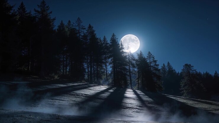 Luna piena che sorge illuminando la linea degli alberi e proiettando lunghe ombre su un pendio erboso, con nebbia bassa